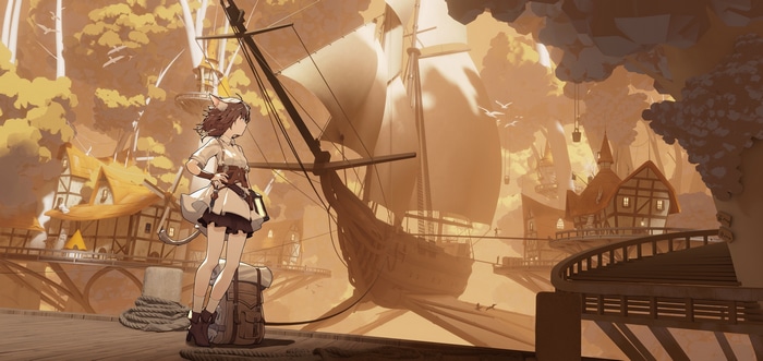 Cat girl with a backpack on a dock with a ship