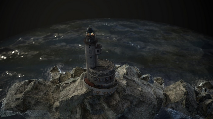 4K Lighthouse on Rocky Island in the Sea