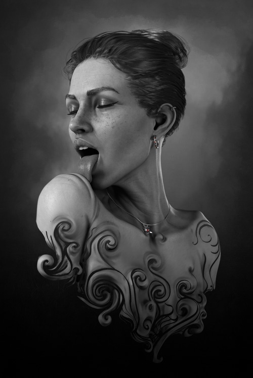 Woman with tongue out and ornate body art
