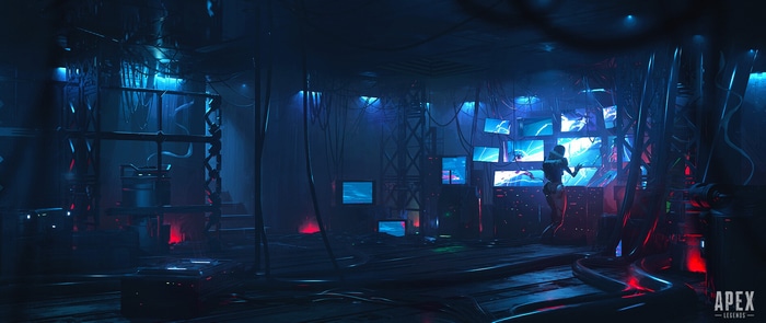 Apex Legends control room with multiple monitors