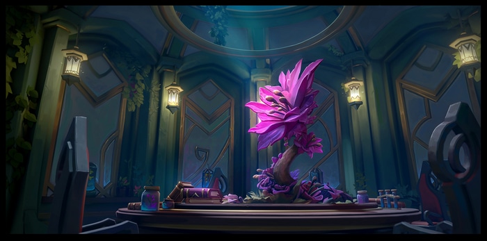 Fantasy art of a magical glowing plant in a room