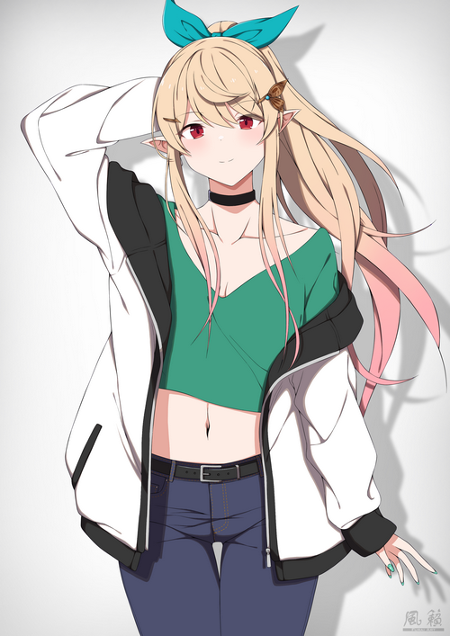 Pomu Rainpuff with blonde hair and green crop top