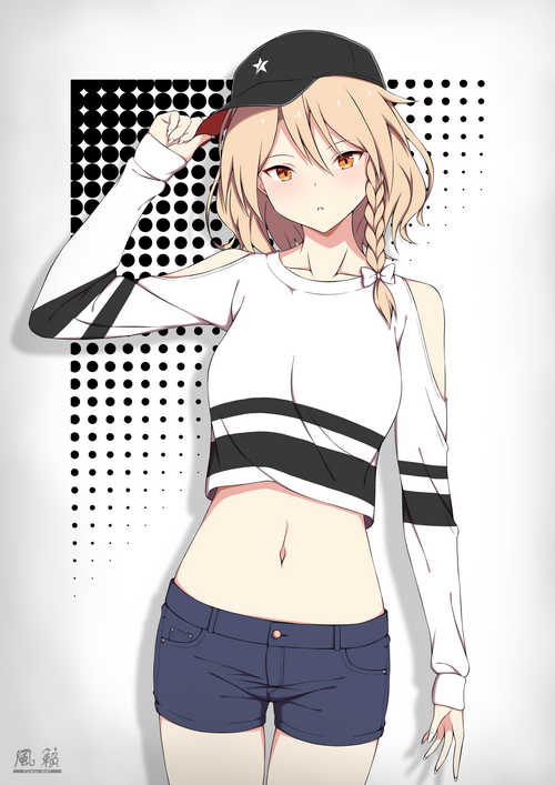 Furai wearing a crop top and shorts with a hat