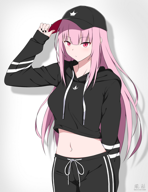 Mori Calliope wearing a black hoodie and cap