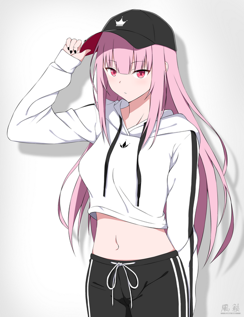 Mori Calliope wearing a crop top and hat