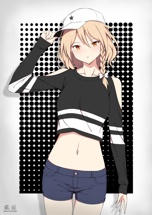 Anime girl with blonde braids wearing a crop top and shorts