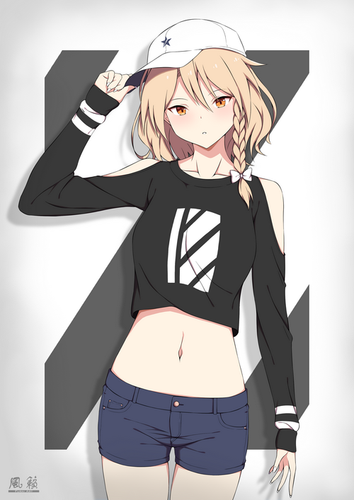 Anime girl with blonde braids wearing a crop top and shorts