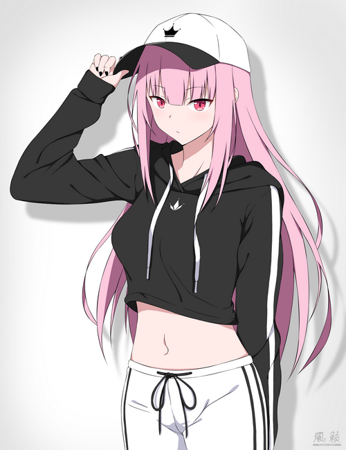 Mori Calliope wearing a black hoodie and white pants
