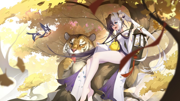 Anime girl with tiger and birds in autumn forest