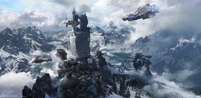 4K Futuristic Spaceships in Snowy Mountains by Dongbiao Lu