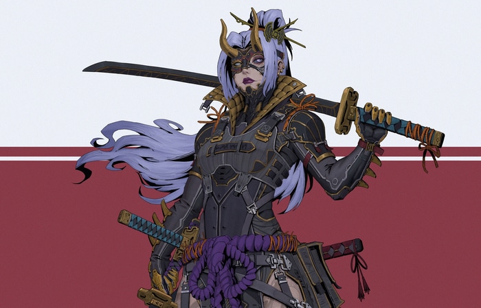 Fantasy samurai woman with swords and armor