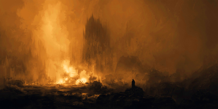 Dark fantasy landscape with a lone figure and a castle