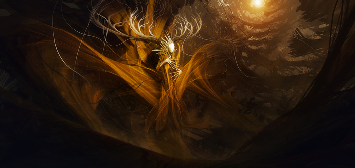 Dark fantasy creature with antlers in a forest