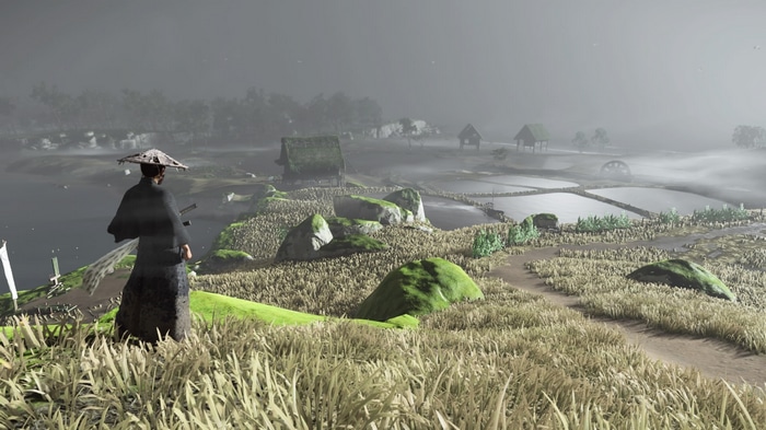 Ghost of Tsushima samurai overlooking a misty landscape