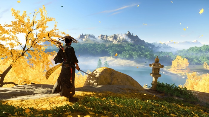 Ghost of Tsushima samurai overlooking a lake