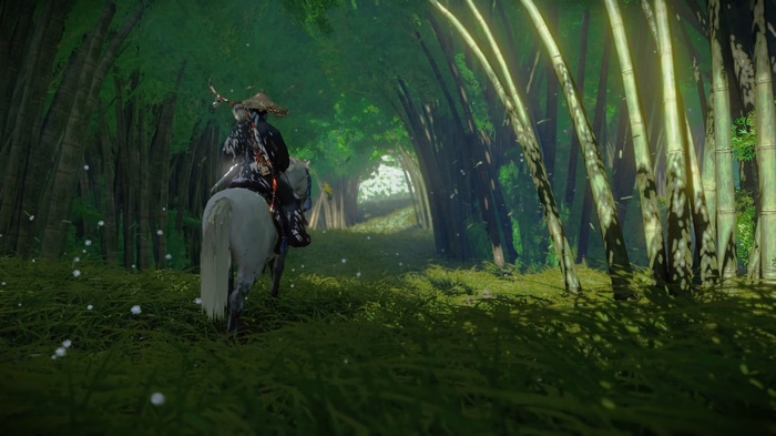 Ghost of Tsushima: Samurai on Horseback in Bamboo Forest