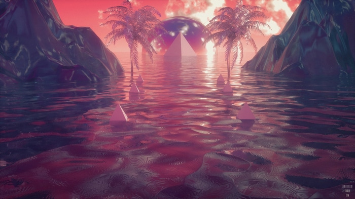 4K Vaporwave 3D Abstract Scene with Pyramids and Palm Trees
