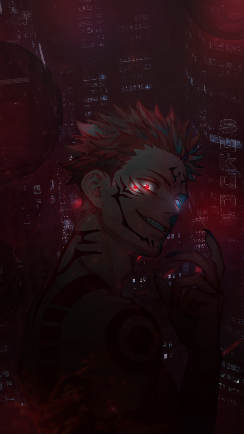 glowing eyes, red background, smiling, Ryomen Sukuna, DeviantArt ...