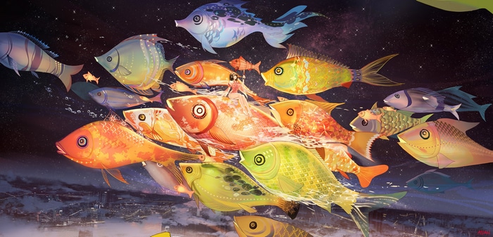A girl rides a giant fish through a starry sky over a cityscape