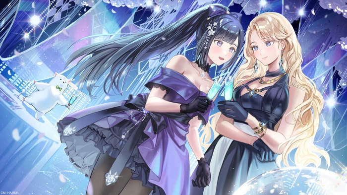 Two anime girls in formal dresses holding champagne