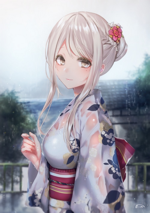 Girl in Yukata in the Rain