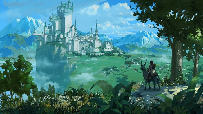 Fantasy castle on a cliff overlooking a valley with mountains