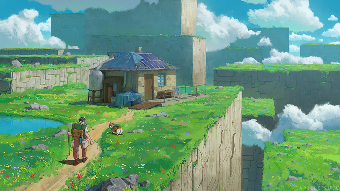 Hiker and dog on a cliffside with ancient structures