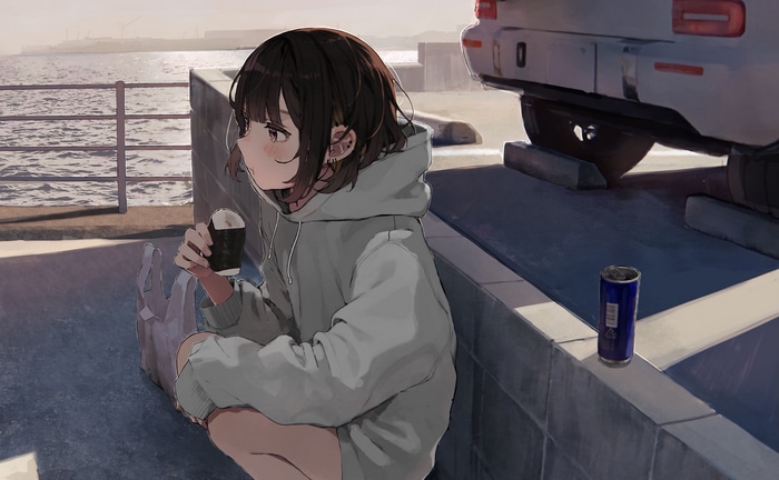 Anime girl with short brown hair holding a drink