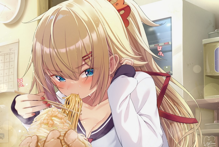 Girl in school uniform eating ramen