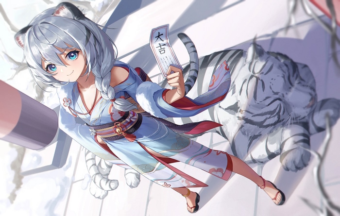 Anime girl with tiger ears and kimono holding omikuji
