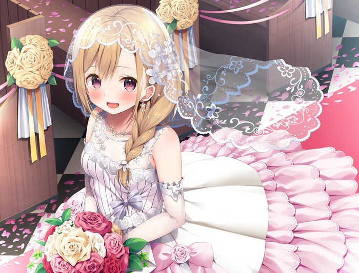 Anime bride in wedding dress holding flowers