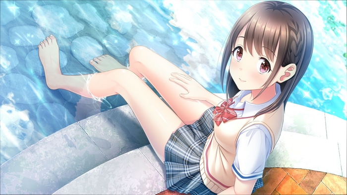 Anime girl with brown hair in a school uniform by the water