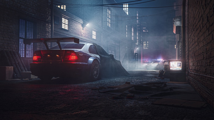 4K BMW M3 GTR in a dark alley with police cars