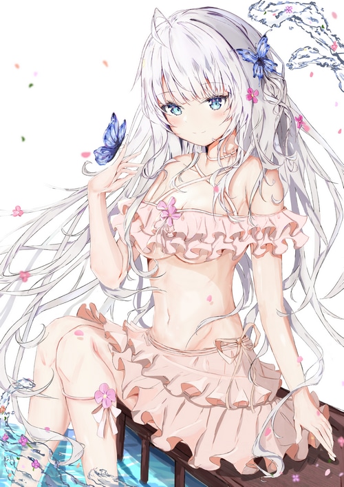 Anime girl with white hair and blue eyes in a pink bikini