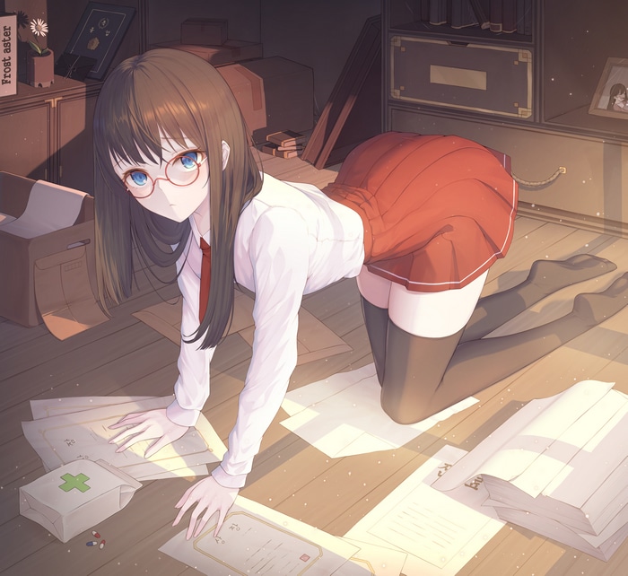 Girl in school uniform with glasses bent over papers