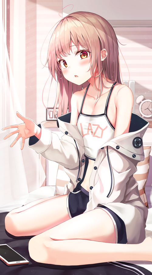 Anime girl with pink hair sitting on a bed