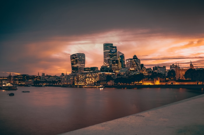 London skyline at sunset over the River Thames