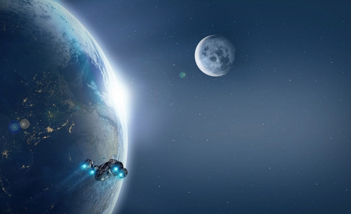 4K Spaceship Near Earth and Moon