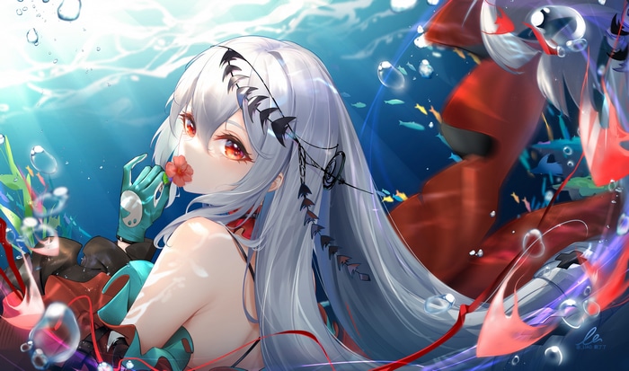 Skadi underwater with red eyes and gloves
