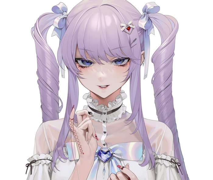 Anime girl with purple twintails and blue eyes