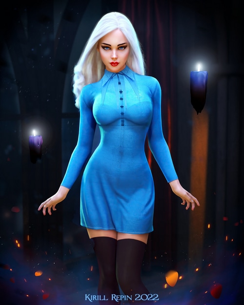 Fleur Delacour in a blue dress with thigh-highs
