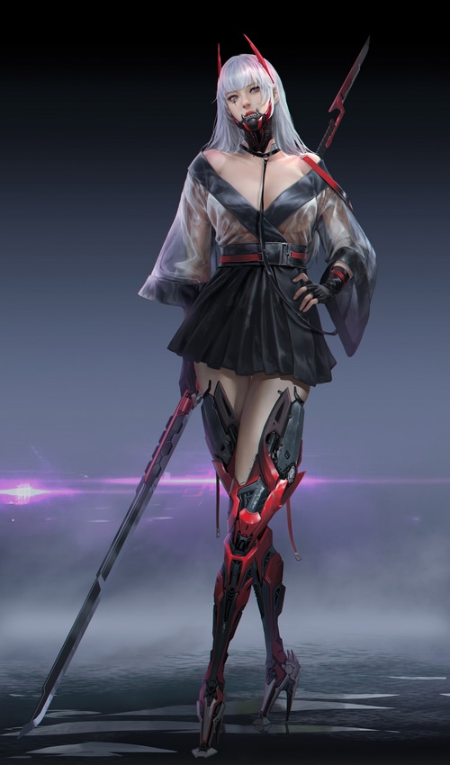 Cyborg woman with futuristic mechanical legs and swords