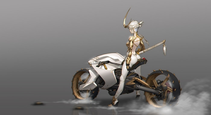 Woman in futuristic armor on a white motorcycle