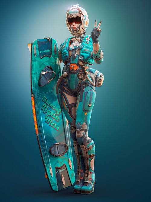 Sci-fi woman with surfboard and helmet