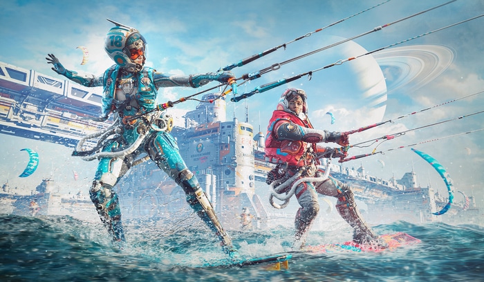 Two women kiteboarding in a futuristic city with Saturn in the sky