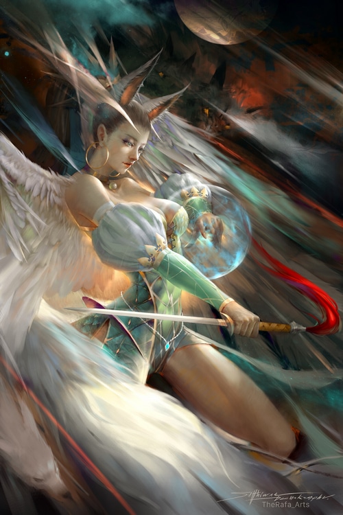 Angel with animal ears and wings holding a sword