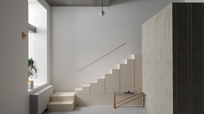 Modern interior with minimalist stairs and wooden paneling