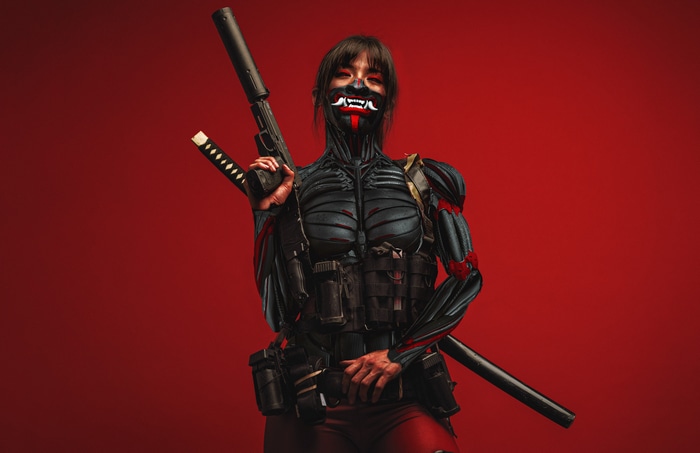 4K Cyberpunk Woman with Pistol and Sword