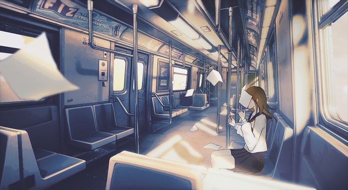 Anime girl with paper on face on a train