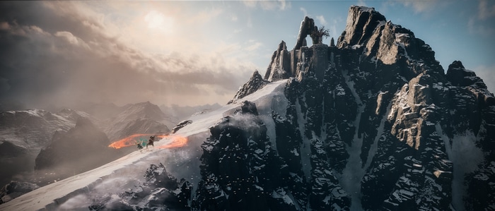 God of War characters on a snowy mountain